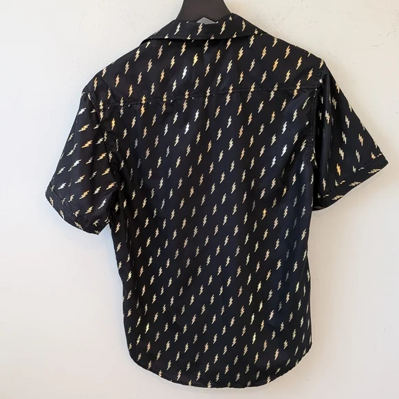 RSVLTS Men's Black Metallic Lightning Bolt Short Sleeve Button Up Shirt Small - Picture 4 of 7